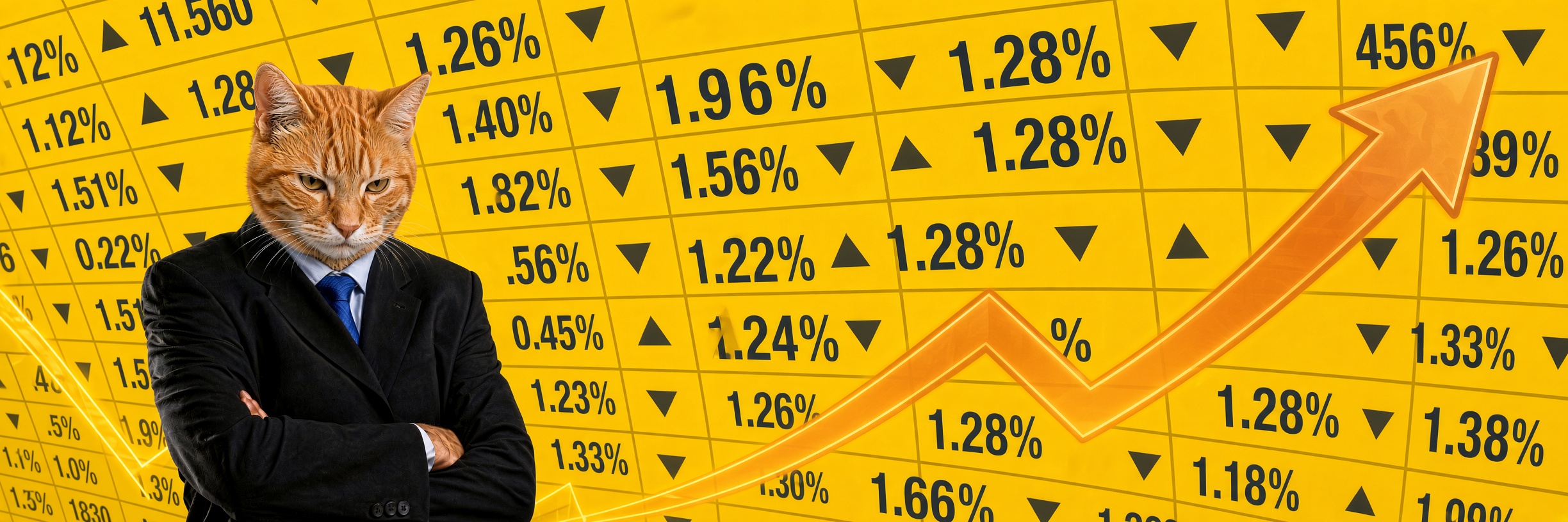 Binance Stonks Cat banner — orange tabby in a suit on a gold stock ticker wall