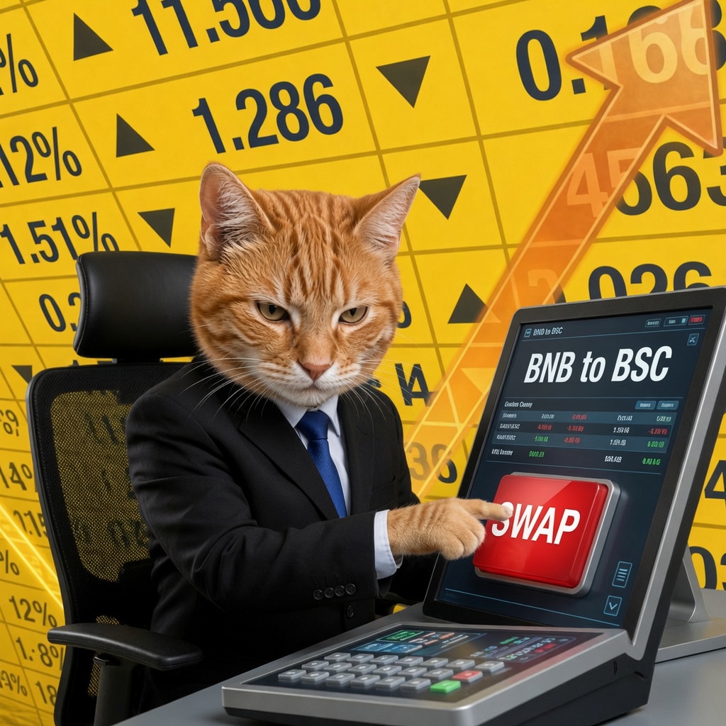 Stonks Cat hitting the SWAP button from BNB to BSC