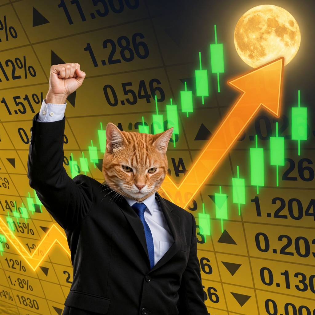 Stonks Cat celebrating green candles to the moon